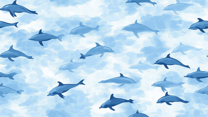 Obraz premium Dolphin Silhouette Pattern on a Pastel Blue Tiled Background
