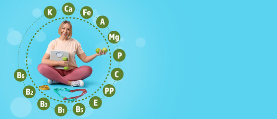 Pretty young woman with measuring tapes, apples and dumbbell on blue background. Weight loss concept