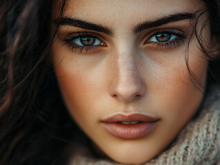 Fototapeta premium Young Woman Natural Beauty Detailed Facial Features Subtle Skin Tones Light Freckles Illuminated by Soft Natural Light