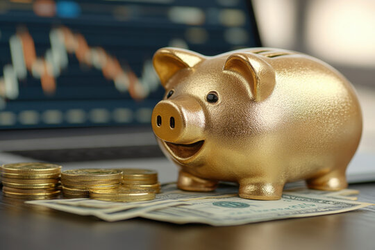 Bitcoin and Gold in Forex.A golden piggy bank beside stacks of coins and dollar bills, symbolizing savings and financial growth against a backdrop of fluctuating stock market graphs.
