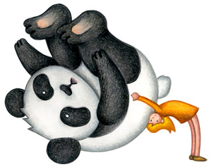 少女と動物のイラスト・色鉛筆画 - コミュニケーション・フレンドリー・仲良し・パンダ・プロレスごっこ