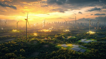 A futuristic city on a glowing plateau with wind farms and solar fields integrated into the landscape The scene showcases harmony between urban living and sustainable energy A vibrant and advanced 