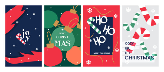 Merry Christmas and Happy New Year greeting card Set.Christmas tree branches, red balls, snowflake pattern.  Modern beautiful Xmas design, Minimal art banner, poster, web cover templates 