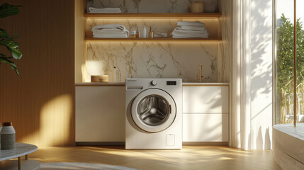 Front-Load Washing Machine in Chic Laundry Room with Wooden Shelving and Subtle Lighting