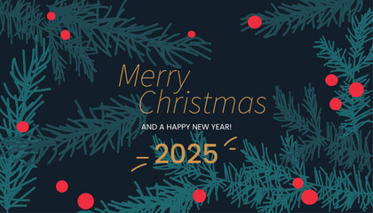 Merry Christmas greeting card, holiday background. Modern beautiful Xmas design with typography, web banner, brush strokes and snowflakes. Minimal art, poster, cover, template in green red blue colors