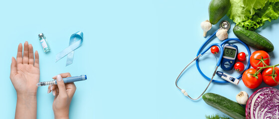 Vegetables, stethoscope, lancet pen and glucometer on color background. Diabetes concept