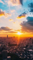 Naklejka premium Golden sunset illuminating tokyo skyline with dramatic clouds