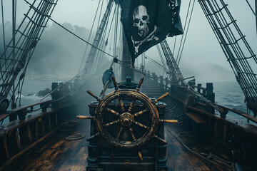The captain's bridge of a pirate ship in the fog. AI Generated