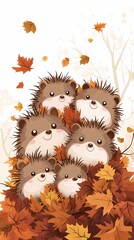 A cheerful illustration of hedgehogs nestled in colorful autumn leaves.