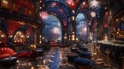 Fototapeta premium A luxurious lounge with a view of fireworks, a starry ceiling, and plush furniture.