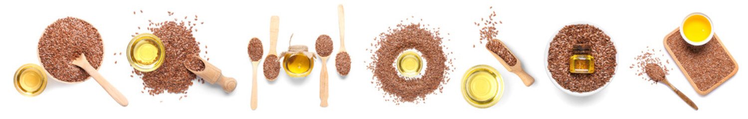 Set of flax seeds and oil on white background, top view