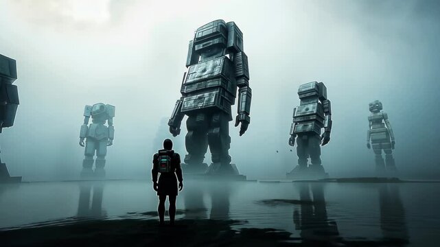 Massive monolithic structures emerge from misty waters under stormy skies. Lone figure silhouetted against towering ancient-tech monuments. 