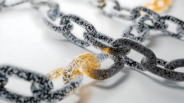 Illustration of interconnected chains made of code linking computers, representing blockchain technology 