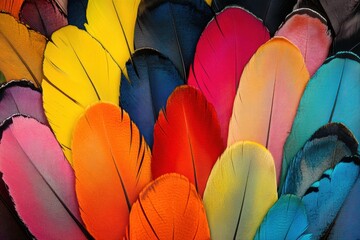 A vibrant display of feathers in a fan pattern, showcasing various bright colors and textures. The feathers are meticulously arranged on a black background to enhance their vivid appearance.