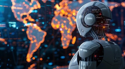 Futuristic robot stands against a blurred background of a glowing world map, representing global AI and technology.