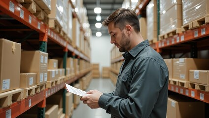 Male warehouse employee picks up the goods according to the invoice. Portrait of man storekeeper between shelves with boxes