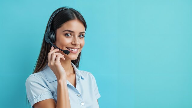 Support staff member answers customer question. Young female operator adjusts microphone on phone headset. Nice and polite woman secretary talking on phone. Portrait, blue background, copy space