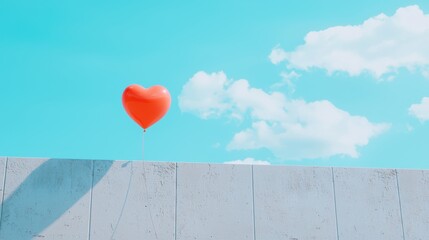 A single, oversized red heart balloon with a string attached, drifting gently in the wind, symbolizing love, romance, and special occasions.