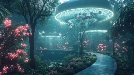 A serene robotic garden with autonomous drones tending to bioluminescent plants under a glowing glass canopy The peaceful setting captures the seamless integration of technology into horticulture 