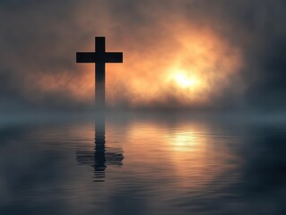 A Serene Reflection of a Cross Symbol is Clearly Seen in the Foggy Waters at Early Dawn, Creating a Mystical Atmosphere