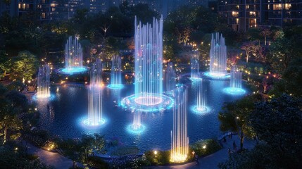 Obraz premium A sprawling high-tech park with glowing fountains, robotic gardeners, and bioluminescent pathways The vibrant urban oasis provides a peaceful escape filled with technological wonders A futuristic 