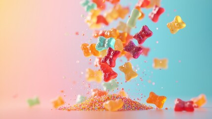 Colorful gummies falling over a pile studio setting food photography vibrant background close-up view sweets and snacks concept
