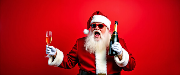 Santa Claus joyfully celebrates with a champagne bottle and fluted glass, embodying the festive holiday spirit. Dressed in classic Santa attire and sunglasses, he exudes excitement and cheerfulness ag