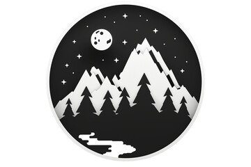 PNG cut out isolated background. A monochromatic, stylized icon depicting a nighttime mountain landscape with rugged peaks, a winding river, pine trees, and a full moon surrounded by clouds and stars.