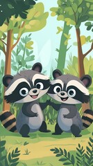 Naklejka premium Two cheerful cartoon raccoons in a vibrant forest setting.