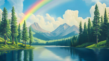 A serene landscape featuring mountains, a lake, and a vibrant rainbow.
