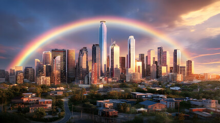 Obraz premium A vibrant city skyline under a rainbow, showcasing modern architecture and urban beauty.