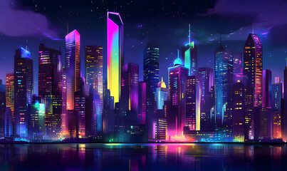 A vibrant, futuristic city skyline illuminated by colorful lights at night.