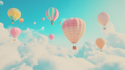 Fototapeta premium Colorful hot air balloons floating among fluffy clouds in a bright blue sky.
