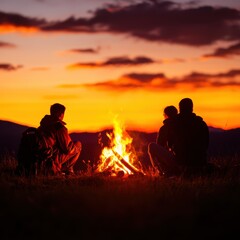 A serene sunset scene featuring three people sitting around a campfire, enjoying the warmth and tranquility of nature.