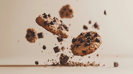 Flying chocolate chip cookies culinary delight high-speed photography studio setting dynamic perspective sweet temptation