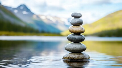 A perfectly balanced stack of smooth, gray stones in shallow, calm water, creating a sense of harmony and tranquility against a backdrop of natural scenery.