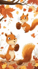 Two cheerful squirrels playing with pine cones amidst autumn leaves.