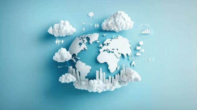 A rotating globe with cloud icons emerging from its surface and connecting to various devices around the world, symbolizing global cloud connectivity.