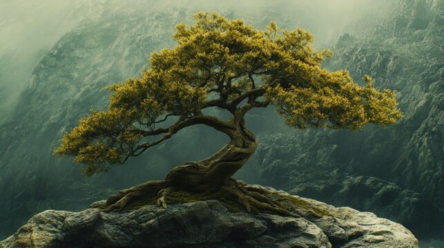 Ancient Bonsai Tree on Misty Mountain Peak