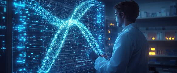 Scientist Examining Digital DNA Model