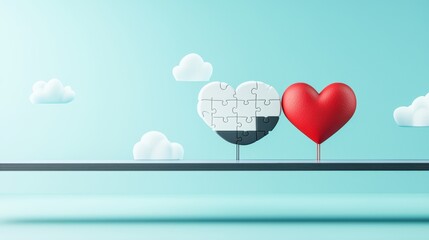 A cartoon brain and heart working together on a puzzle, symbolizing the collaboration between logic and emotion in decision making.