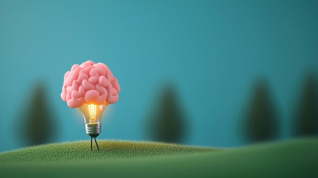 A cartoon brain holding a glowing lightbulb aloft, representing innovation and the power of ideas.