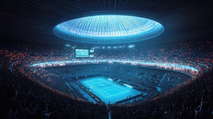 A high-tech sports arena with glowing holographic advertisements and sleek architectural designs. The energy of the crowd and advanced visuals elevate the excitement. A futuristic evolution 