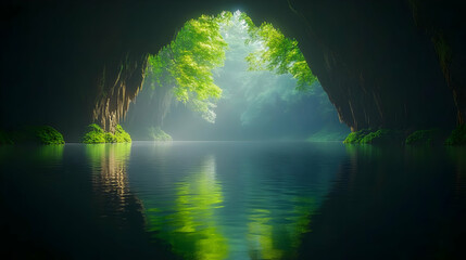 Obraz premium Cave Entrance with a Tranquil Lake - Photo