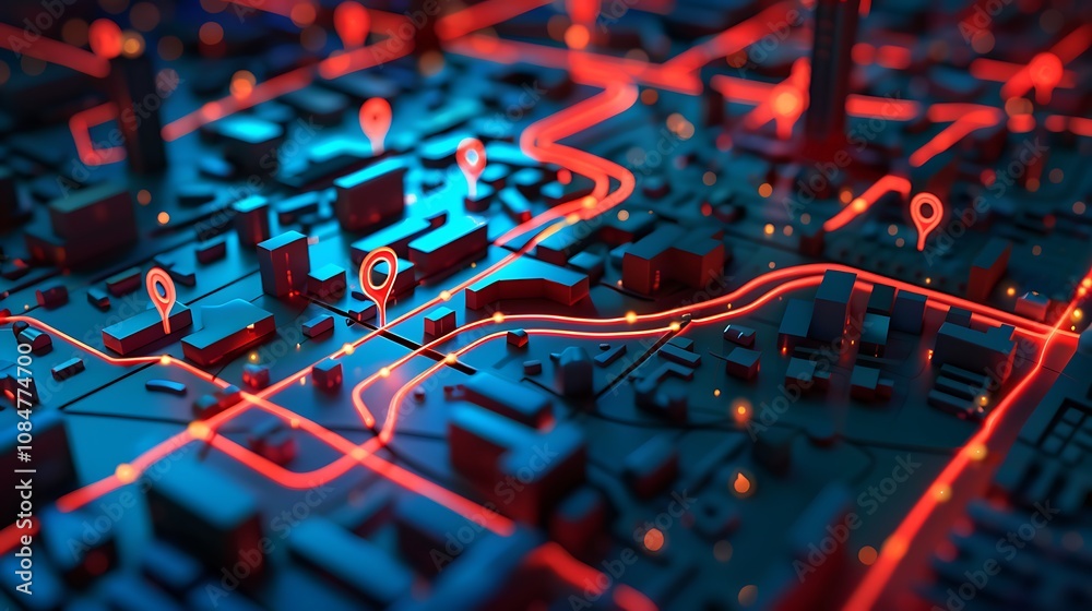 Poster abstract 3d rendering of a futuristic city with glowing red navigation routes. represents advanced g