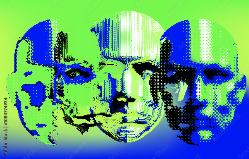 Poster conceptual vector illustration portraying three overlapping faces in vivid blue and green tones, sym