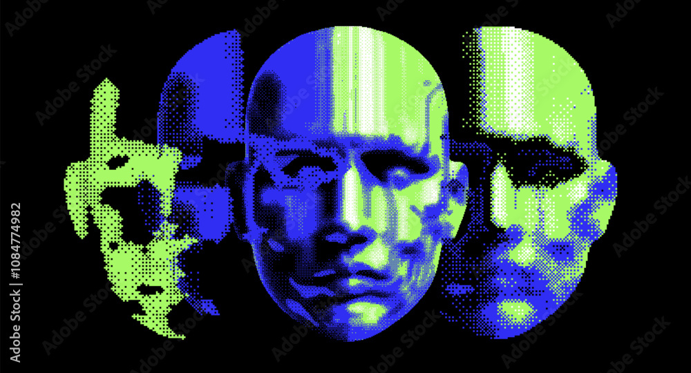 Aufkleber Conceptual vector illustration portraying three overlapping faces in vivid blue and green tones, symbolizing the gradual breakdown of identity and information through pixelated distortion.