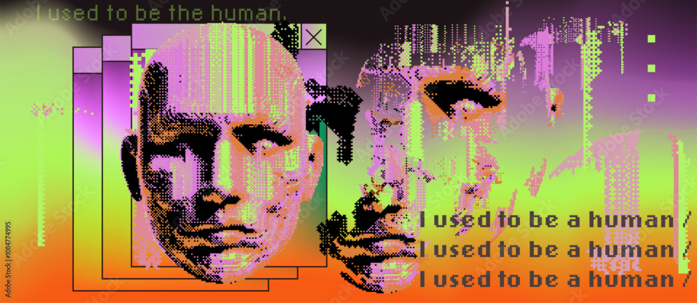 Fototapete vibrant vector illustration blending glitch art and surrealism, featuring a fragmented human face ov