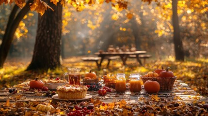 A rustic autumn picnic in a golden forest with fallen leaves covering the ground. A wooden table set with fresh pies, hot cider, and pumpkins adds warmth to the scene. The soft lighting captures 