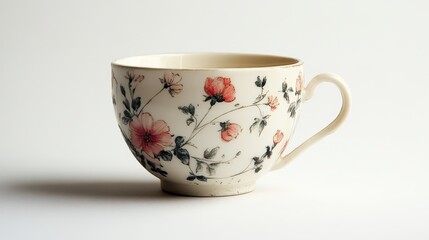 A solitary, chipped teacup adorned with delicate floral designs highlights its nostalgic allure against a pristine backdrop.